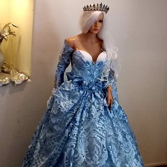 "PAULETTE" Blue & White Lace & Tulle Wedding Ballgown Set - Picture 1 of 15